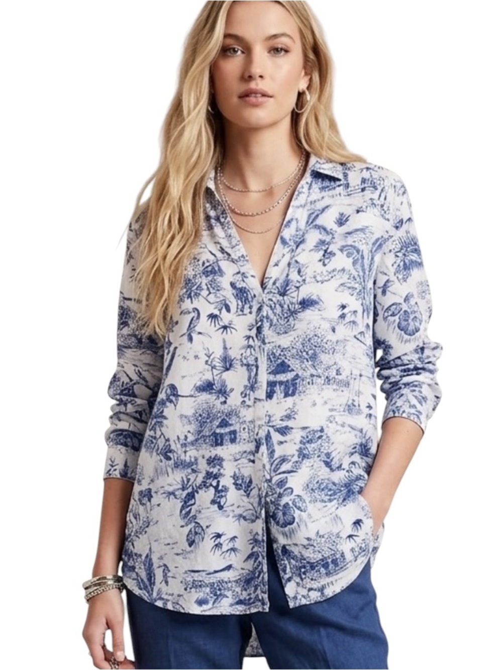 Joie Blue & White Toile Tropical Print Linen Roll Sleeve Tunic Blouse - L